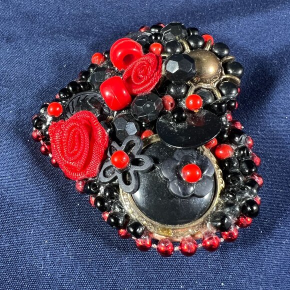 Handcrafted Black & Red Beaded Heart Brooch Pin With Floral & Beaded Accents - Picture 2 of 3